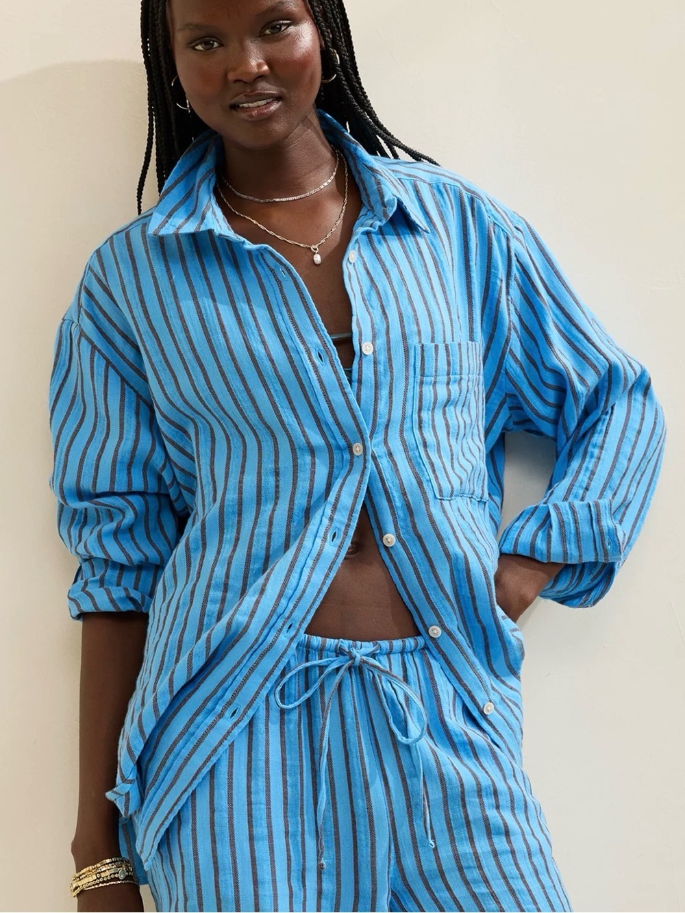 Aerie Day Off Blue Brown Striped Collared Long Sleeve Button-Up Top Cotton Gauze